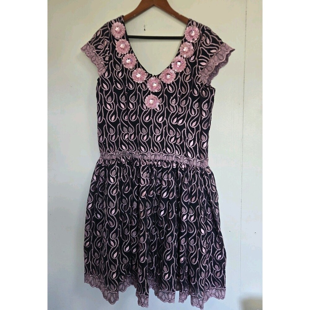Womens Dress XL Beaded Whimsigoth Alternaive Floral Babydoll Black Purple Witchy